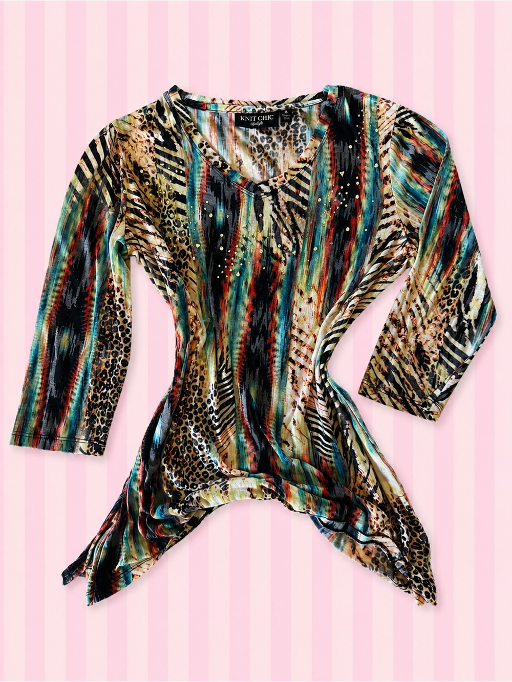 Knit Chic Y2K Animal Print Rhinestone Handkerchief Top Small